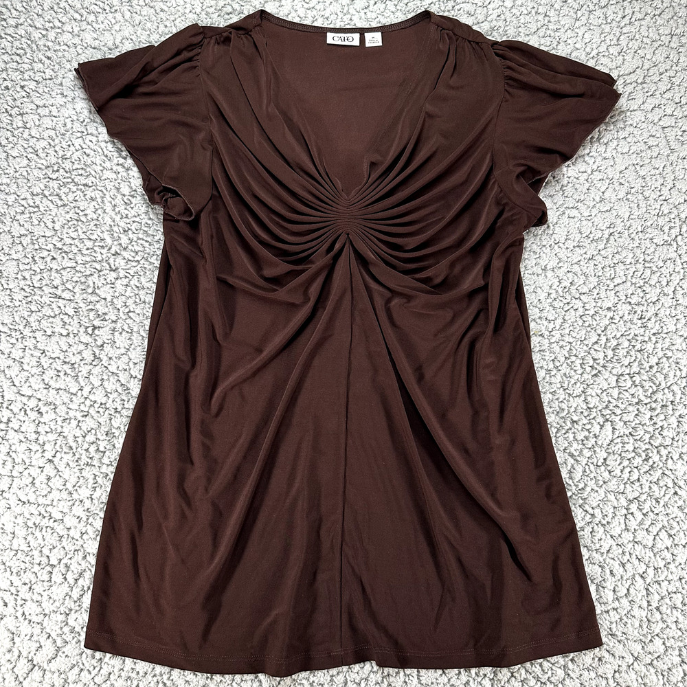 Cato Blouse Womens Medium Ruffle Front Brown Cap Sleeve Lagenlook Basic Top